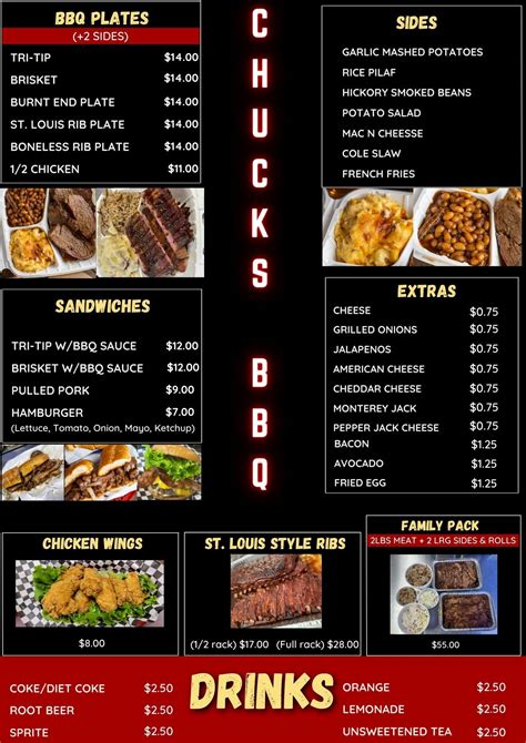 Chucks bbq - Lettuce, tomato, cheese, mustard, mayo. Rib Sandwich Combo $8.29. Rib sandwich, 1 small Side, medium drink. Sandwich Plate $6.19. One large Side or 2 small Side. Chopped or Chipped on the Block Pork, or Chopped Chicken Sandwich $3.99. Rib Sandwich Plate $8.19. Rib sandwich, 1 large or 2 small sides. Menu for Chuck's Bar-B-Que provided by ...